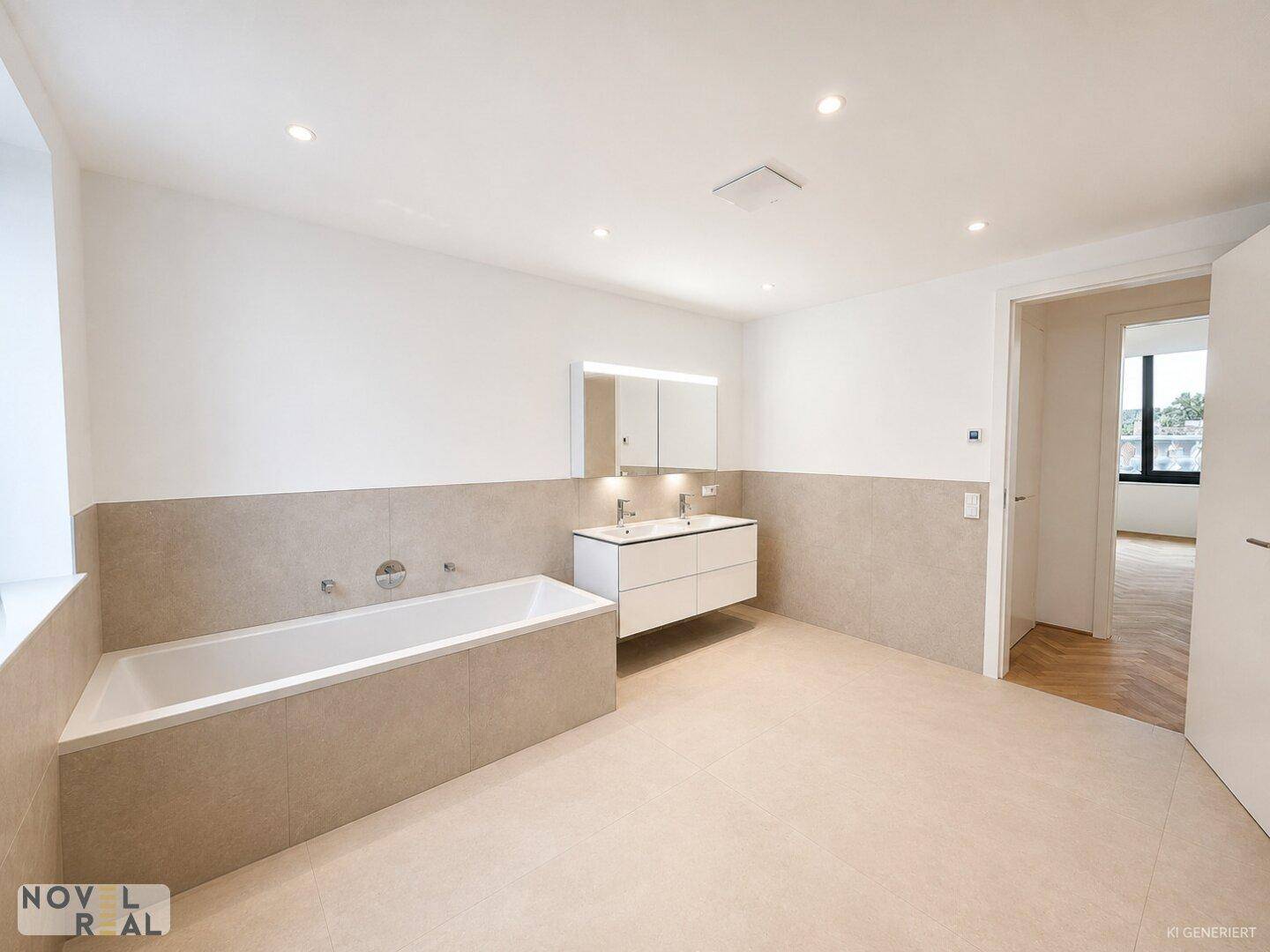 Geräumiges Badezimmer mit Badewanne, Doppelwaschbecken und großem Spiegelschrank.