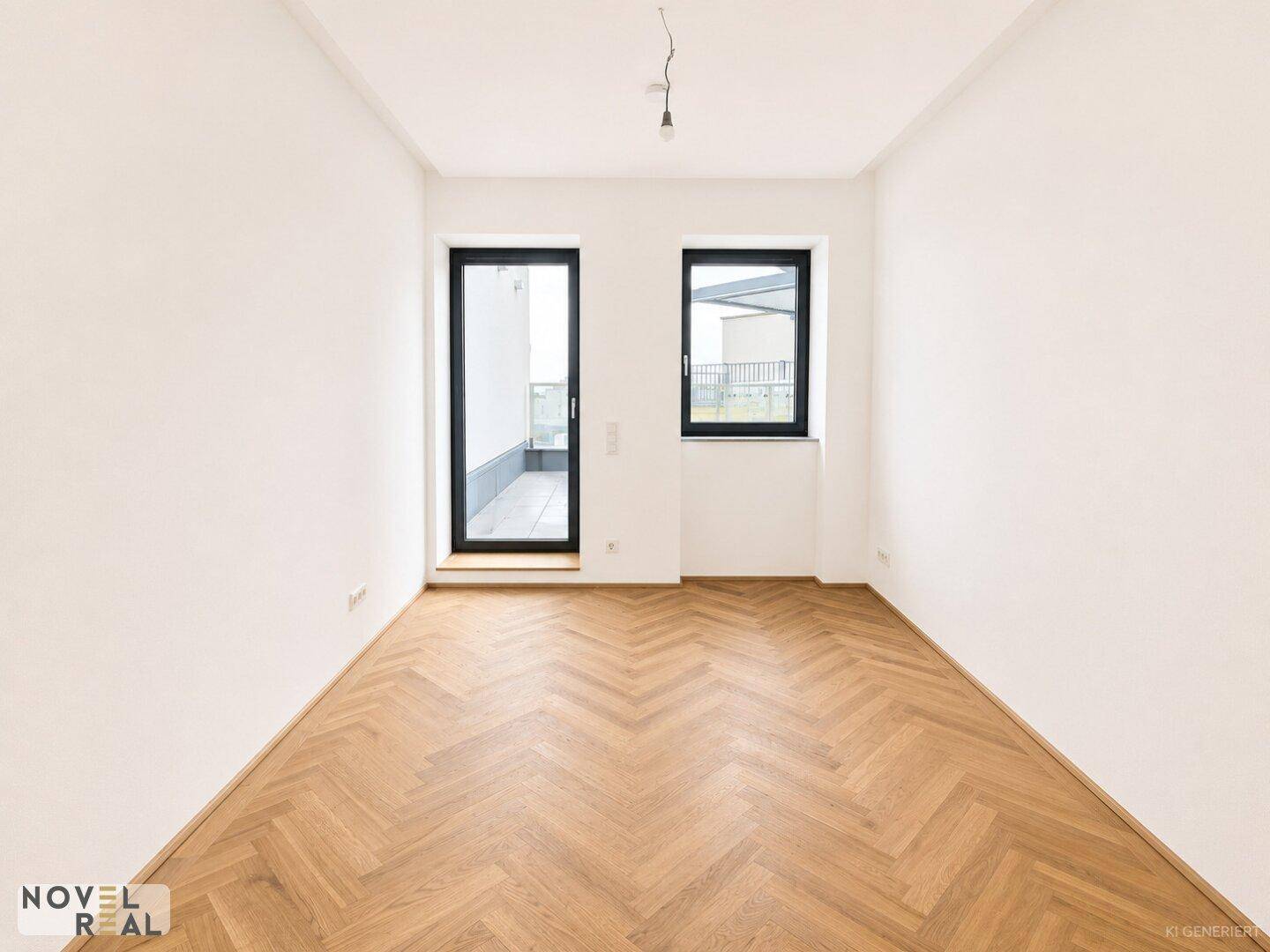 Helles Schlafzimmer mit Fischgrätparkett, Zugang zum Balkon und einem Fenster.