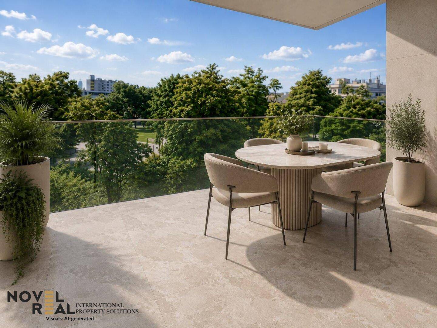 Elegante Terrasse mit modernen Gartenmöbeln und einem weiten Blick auf eine grüne Parklandschaft.