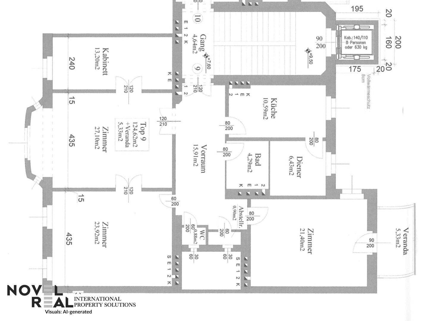Grundriss einer Wohnung mit mehreren Zimmern, Küche, Bad und Veranden.