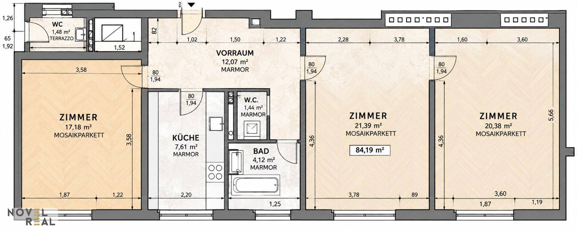 Detaillierter Grundriss einer Wohnung mit drei Zimmern, Küche, Bad und separatem WC.