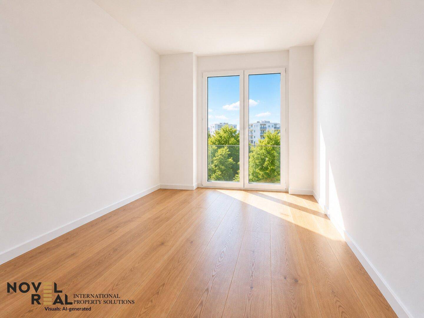 Helles Schlafzimmer mit Holzboden und Fenster, das einen weiten Blick ins Grüne ermöglicht.