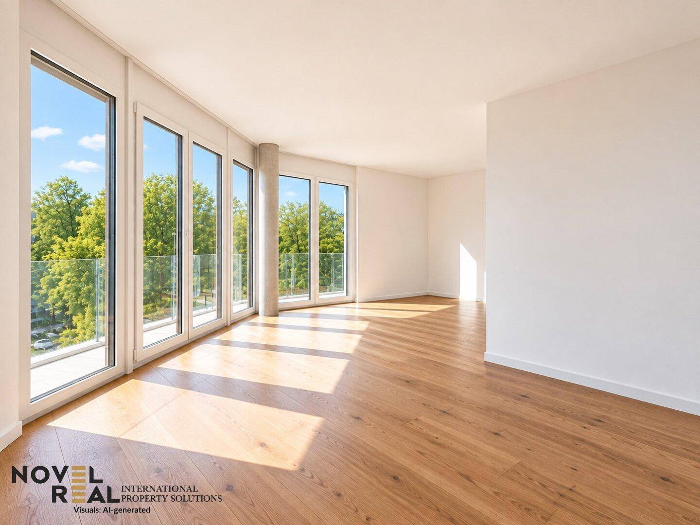 Lichtdurchfluteter Raum mit Holzboden und bodentiefen Fenstern, die einen grünen Ausblick bieten.