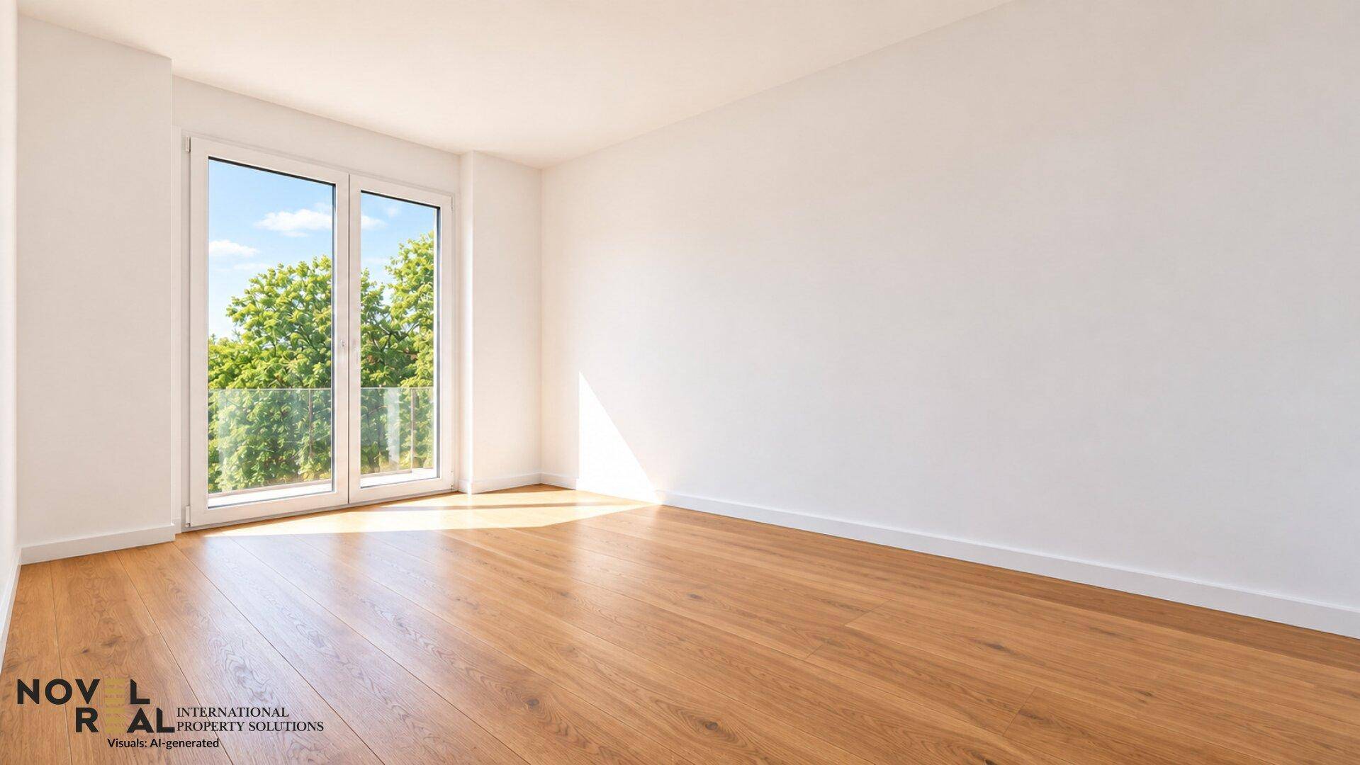 Geräumiges Schlafzimmer mit Holzboden und Fenster, das viel Tageslicht und einen grünen Ausblick bietet.