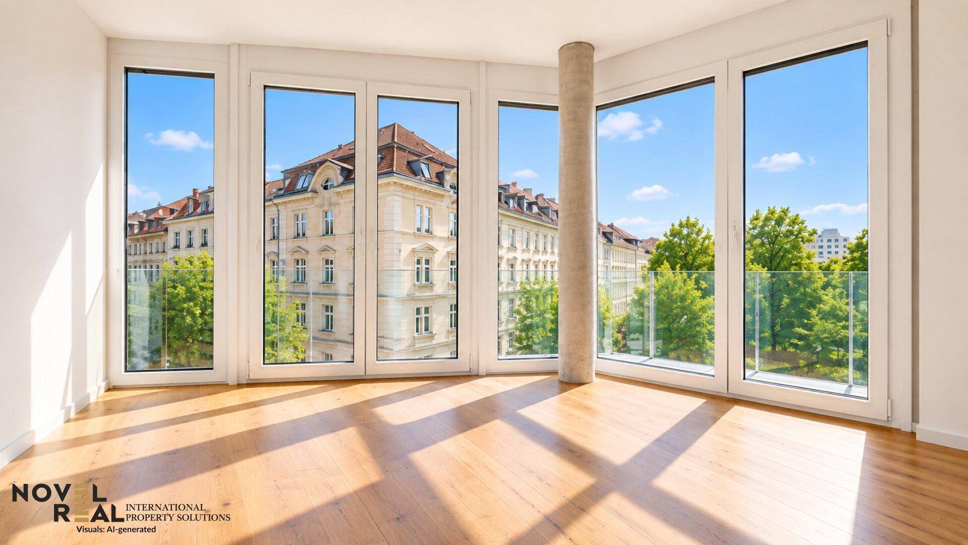 Geräumiges Wohnzimmer mit Holzboden und großen Fenstern, die einen Blick auf die Stadt ermöglichen.