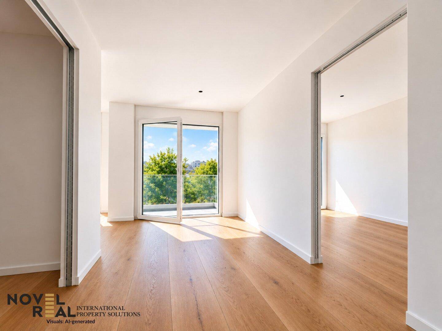 Heller Flur mit Holzboden und Zugang zu weiteren Räumen sowie einem Balkon.