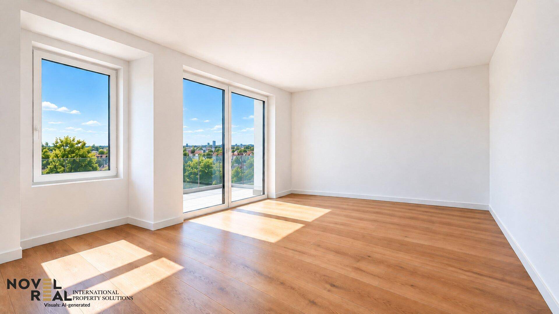Helles, leeres Zimmer mit Holzboden und großen Fenstern, die viel Tageslicht hereinlassen.