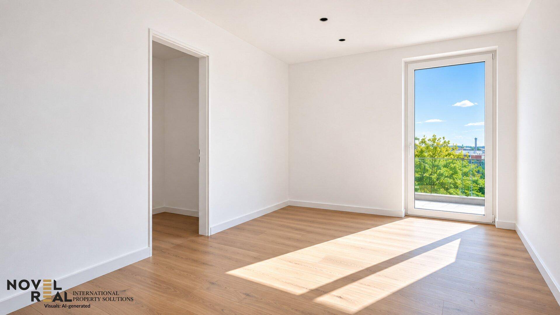 Lichtdurchflutetes Zimmer mit Holzboden und Zugang zu einem französischen Balkon.