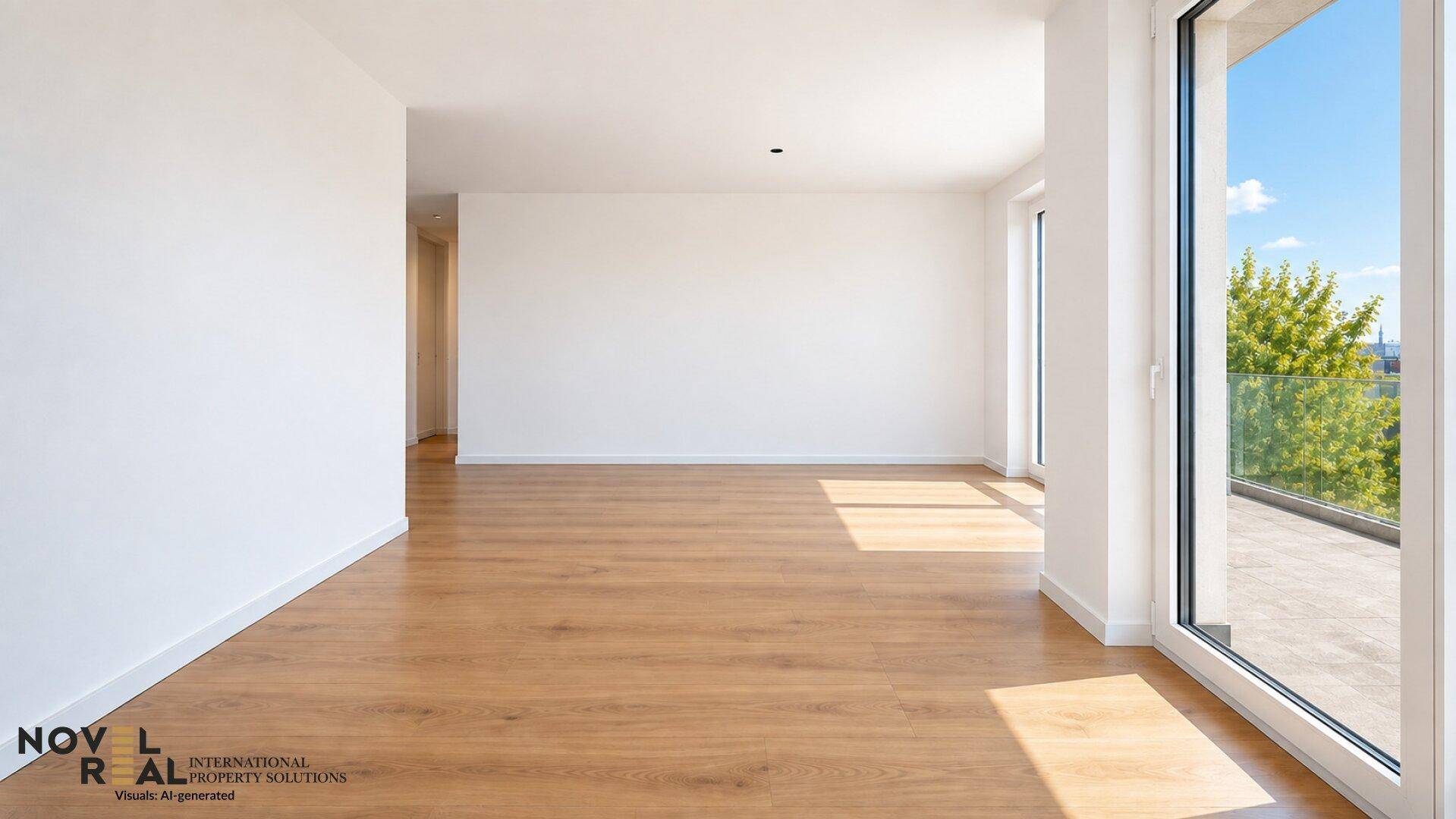 Lichtdurchfluteter Raum mit Holzboden und großen Fenstern, die viel Tageslicht hereinlassen.