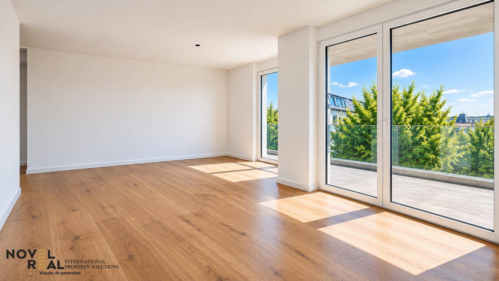 Geräumiges, helles Zimmer mit Holzboden und Zugang zu einem Balkon mit Blick ins Grüne.
