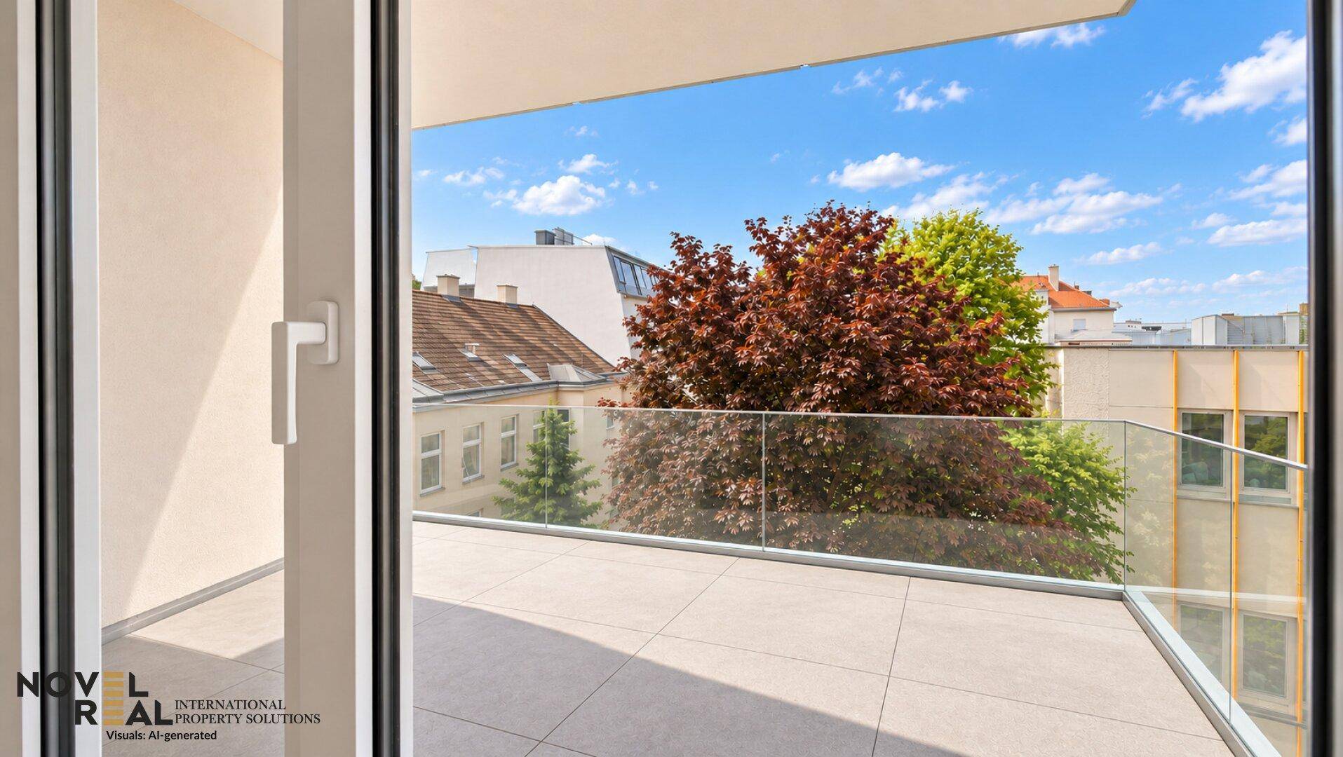 Geräumiger Balkon mit Glasgeländer und Blick auf Bäume und umliegende Gebäude.