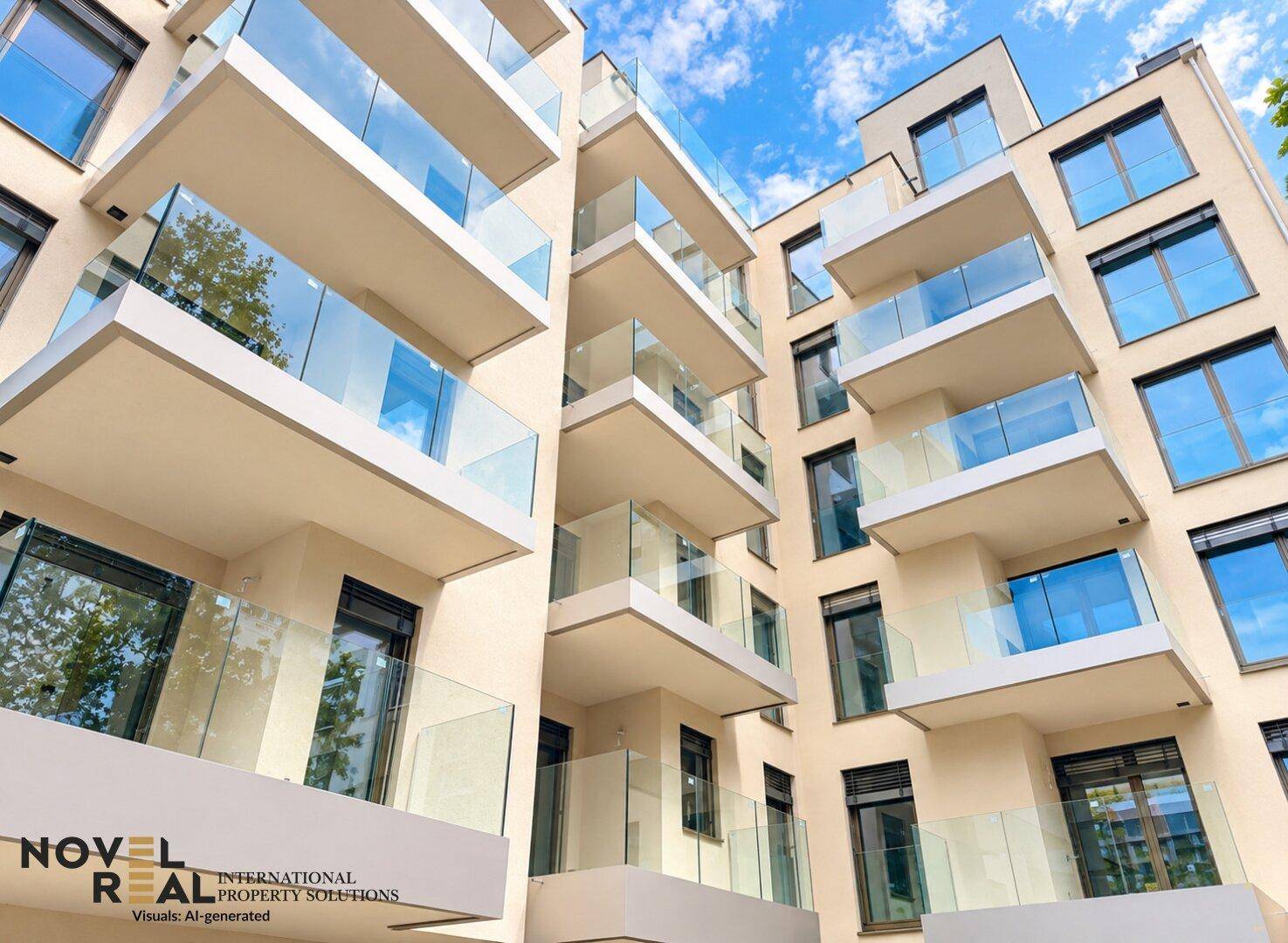 Moderne Wohnhausfassade mit zahlreichen Balkonen und Glasgeländern unter blauem Himmel.