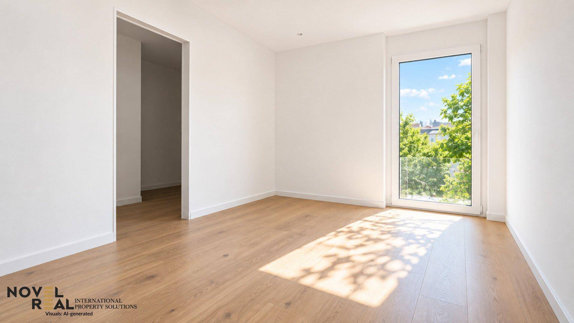 Geräumiges Zimmer mit Holzboden, einem großen Fenster und viel natürlichem Licht, bereit zur Einrichtung.