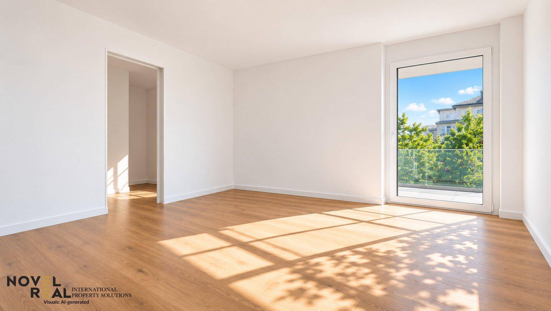 Lichtdurchfluteter Raum mit Holzboden und Balkonzugang, ideal für einen Wohnbereich.
