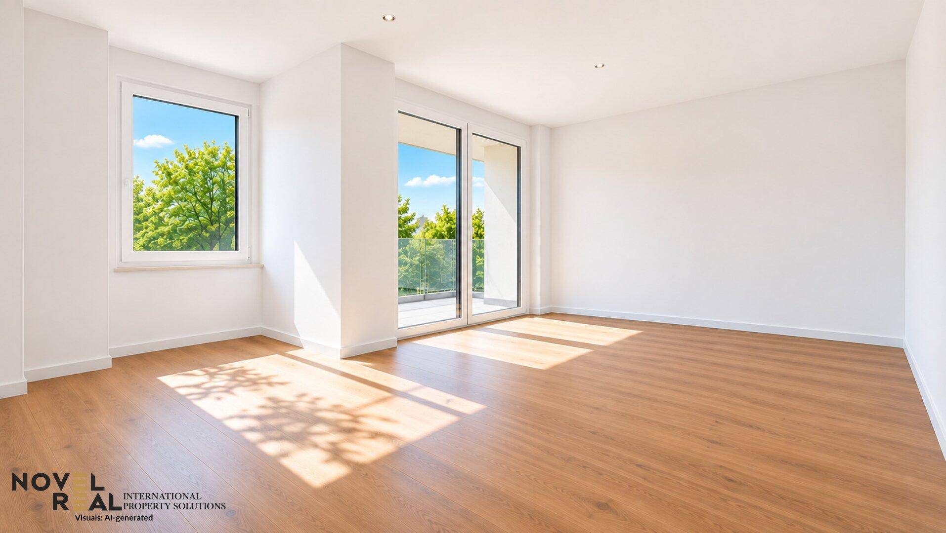 Heller Raum mit Holzboden, großen Fenstern und Zugang zu einem Balkon, durchflutet von Sonnenlicht.