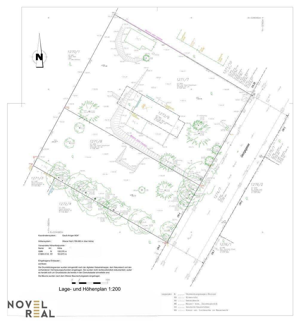 Lage- und Höhenplan des Grundstücks mit detaillierter Darstellung der Bepflanzung und Topografie.