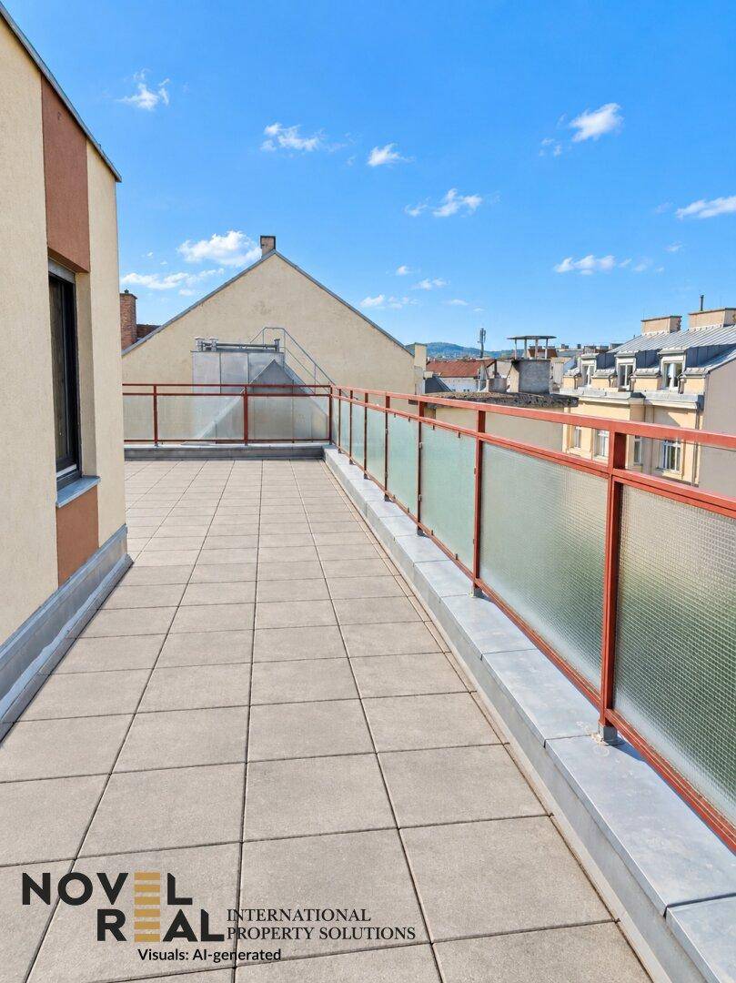 Lange Dachterrasse mit Fliesenboden und Geländer, bietet einen weiten Blick über die Stadt.