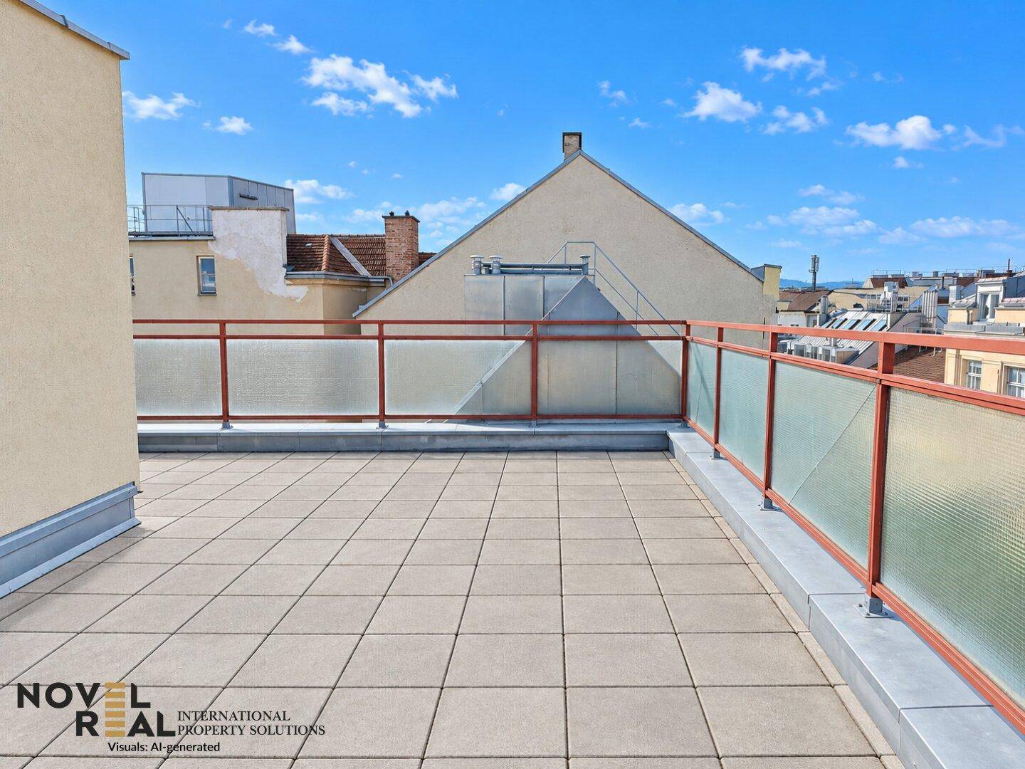 Geräumige Dachterrasse mit Fliesenboden und Blick auf die Dächer der Nachbargebäude.