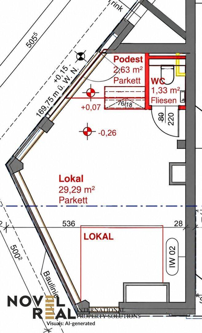 Detaillierter Grundriss eines Lokals mit WC und Parkettboden.