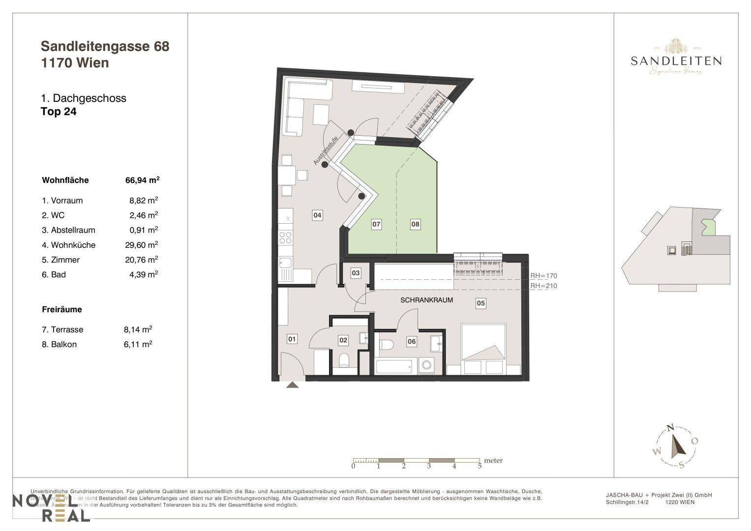 Grundriss der Dachgeschosswohnung Top 24 mit 66,94 m² Wohnfläche, Terrasse und Balkon.