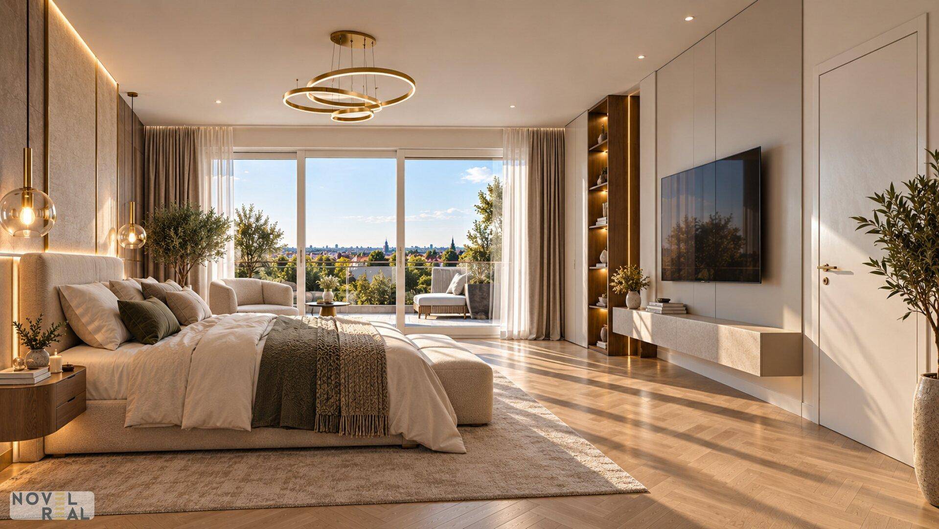 Elegantes Schlafzimmer mit großem Bett, Einbauschränken und Zugang zu einem Balkon mit Stadtblick.