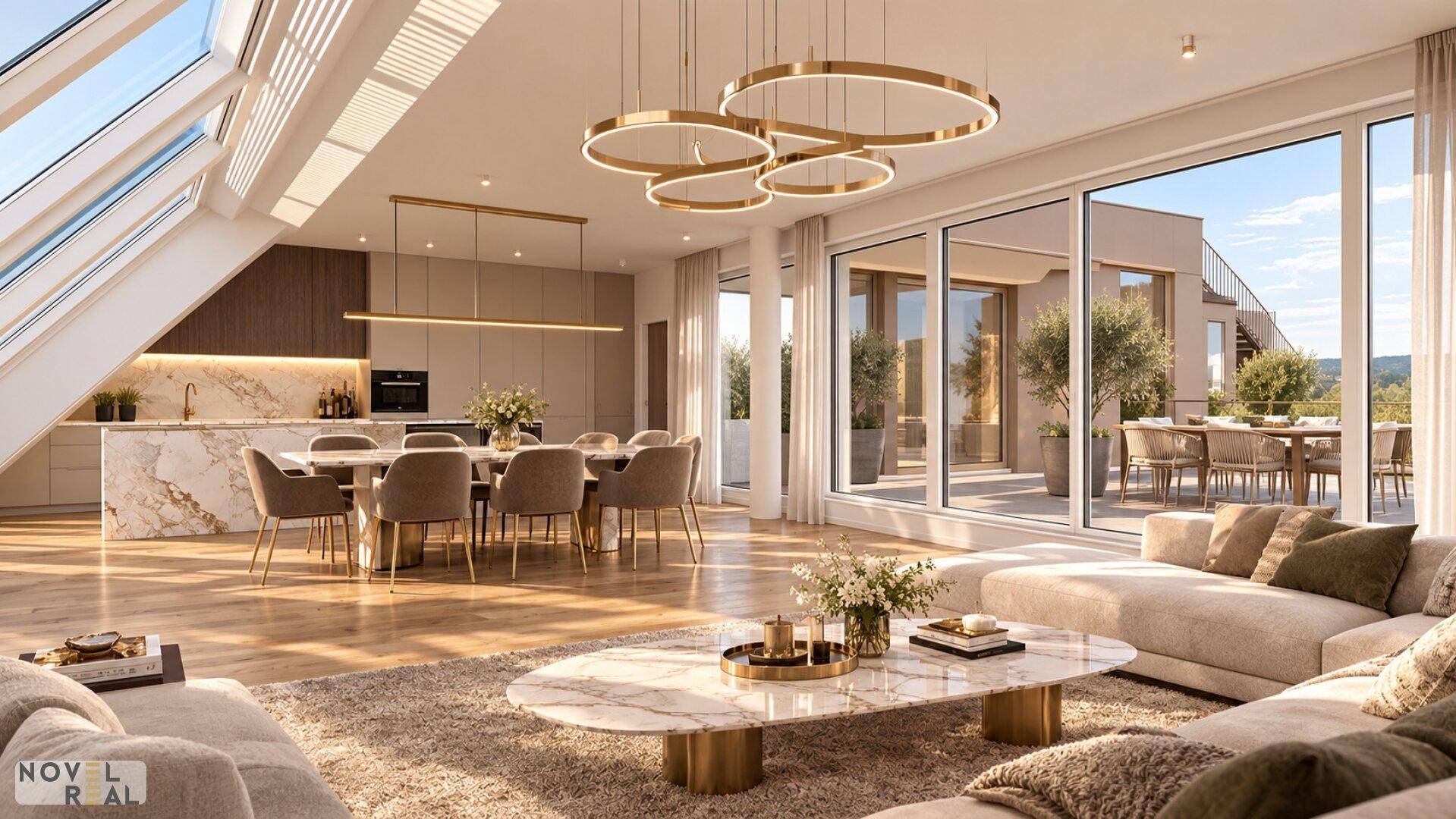 Großzügiger offener Wohn-Essbereich mit moderner Küche, Dachfenstern und Zugang zu einer weitläufigen Terrasse.