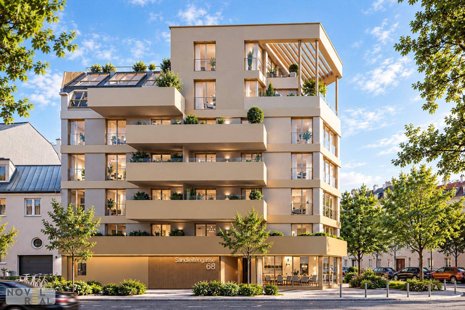 Modernes Apartmentgebäude mit Balkonen und Geschäften im Erdgeschoss an einer städtischen Straße.