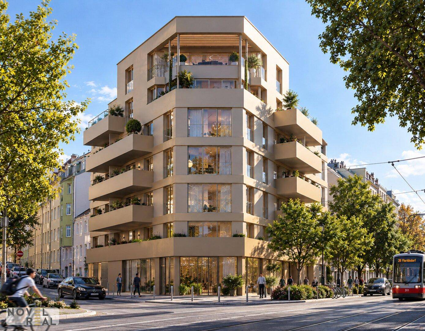Modernes Eckgebäude in urbaner Umgebung mit Balkonen, Geschäften und Straßenbahnhaltestelle.