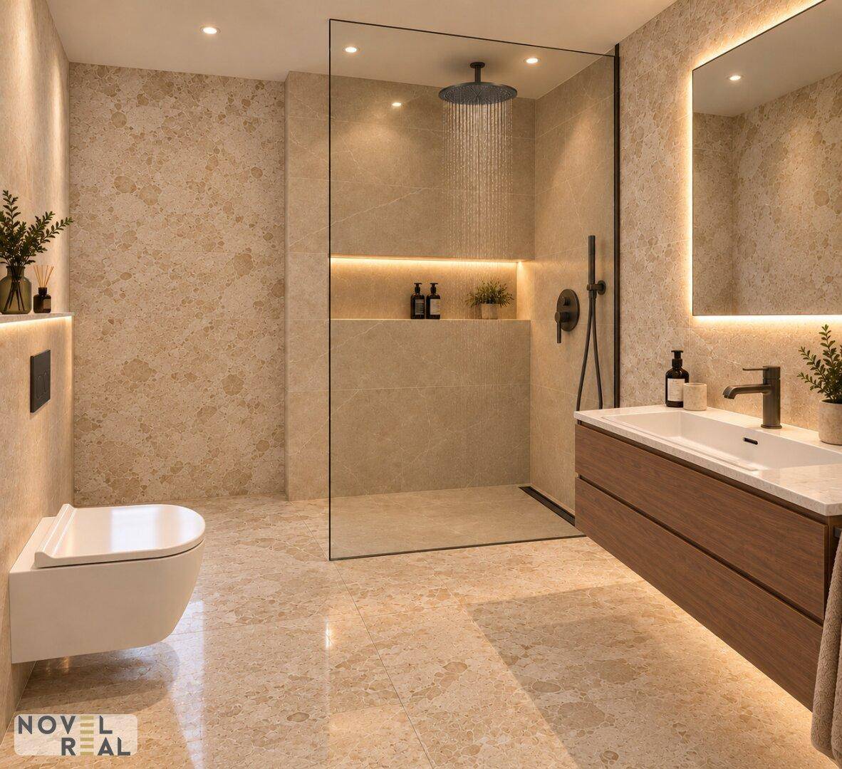 Modernes Badezimmer mit begehbarer Dusche, Wand-WC und eleganten Fliesen in Natursteinoptik.