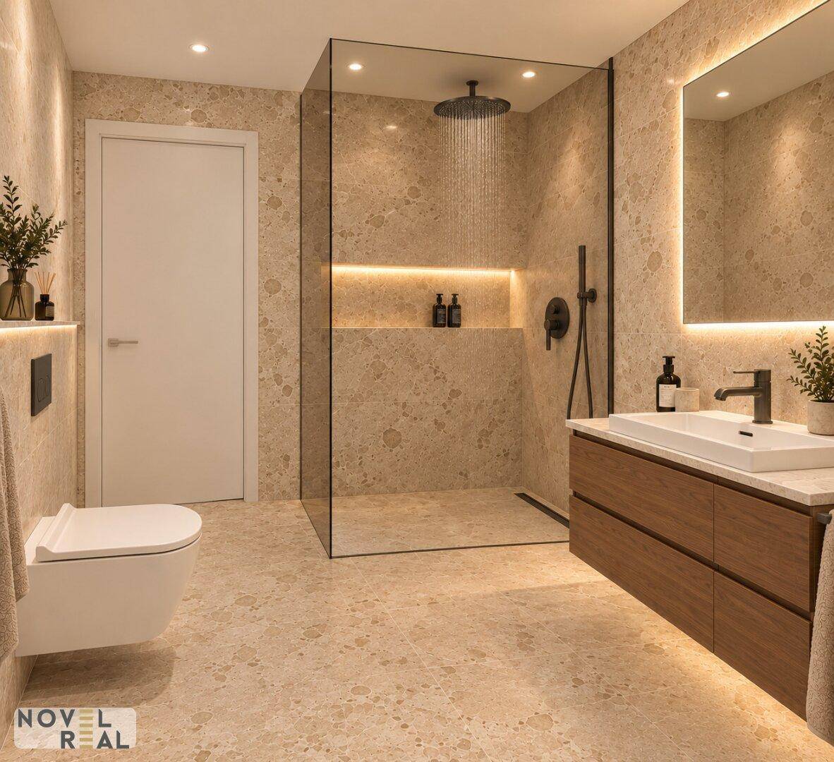 Stilvolles Badezimmer mit begehbarer Dusche, schwebendem Waschtisch und beigefarbenen Fliesen.