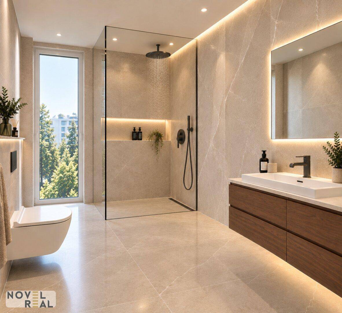Modernes Badezimmer mit begehbarer Dusche, Wand-WC und großem Fenster für viel Tageslicht.