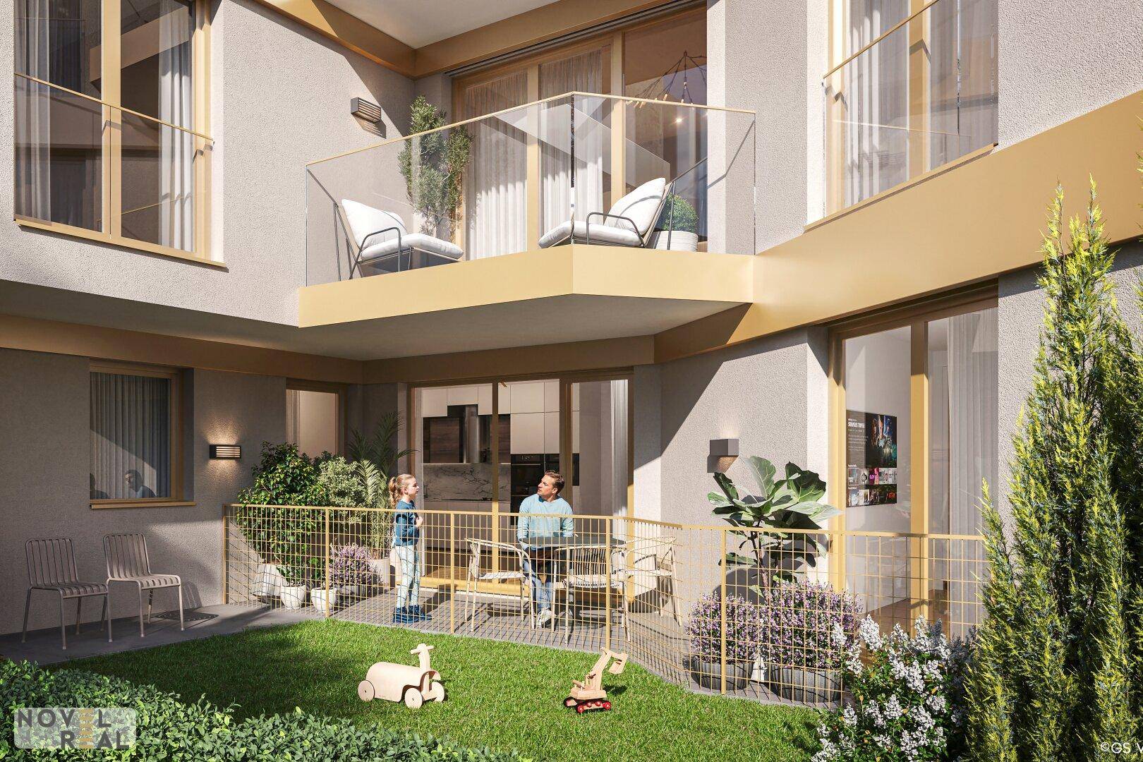 Erdgeschosswohnung mit privatem Garten und Terrasse, ideal für Familien mit Kindern.