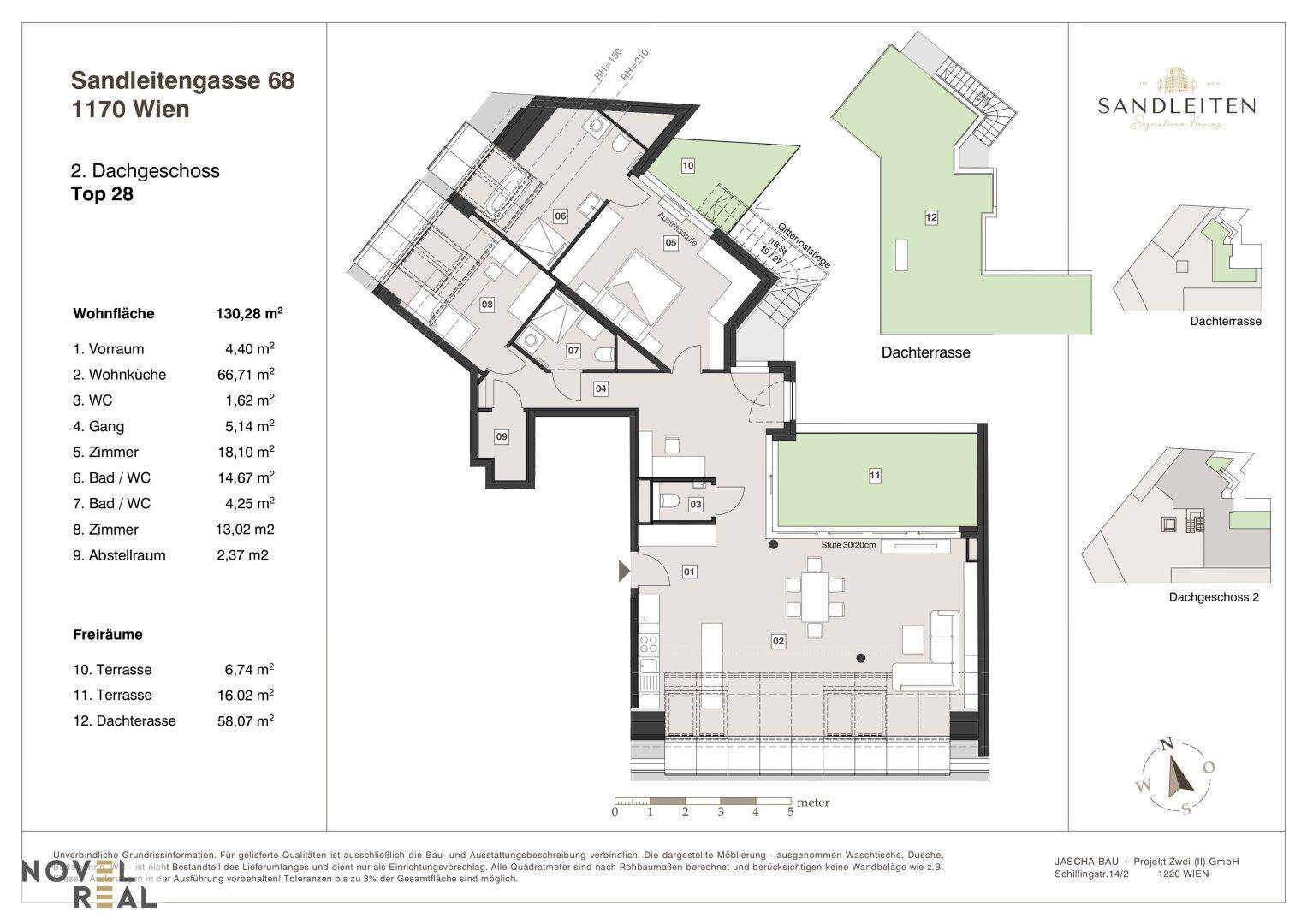 Grundriss der Dachgeschosswohnung Top 28 mit 130,28 m² Wohnfläche, offener Wohnküche, drei Schlafzimmern und mehreren Terrassen.