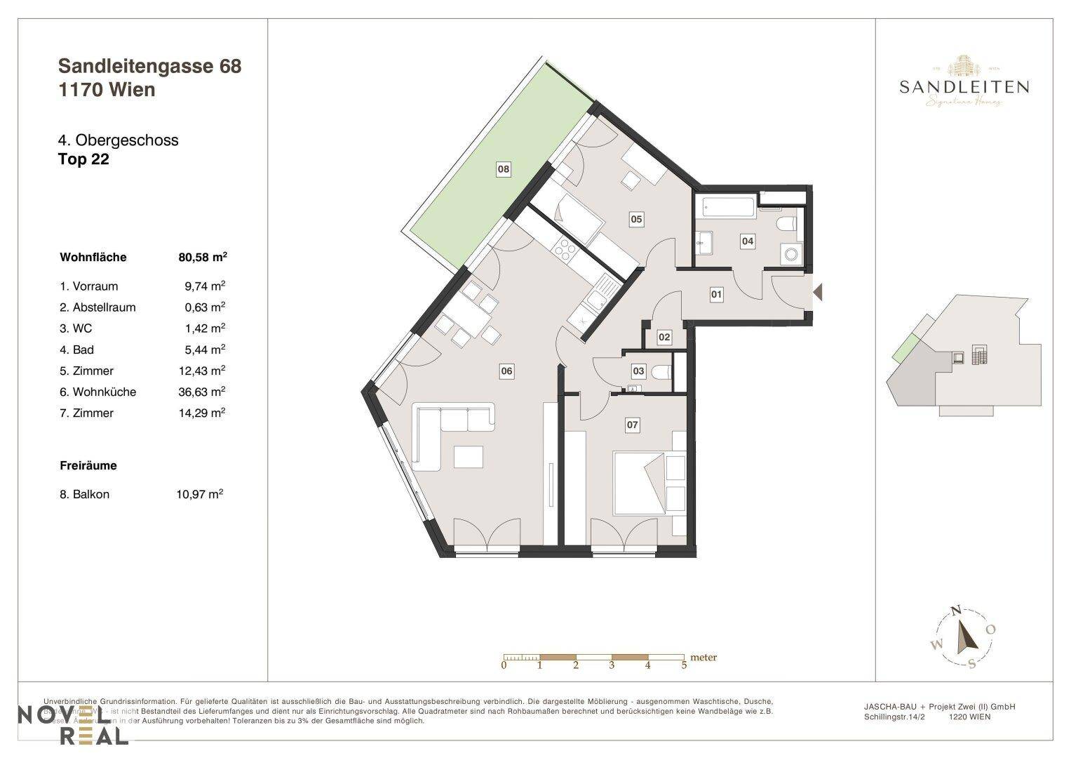 Detaillierter Grundriss einer modernen Wohnung im 4. Obergeschoss mit offenem Wohnküchenbereich, zwei Zimmern und Balkon.