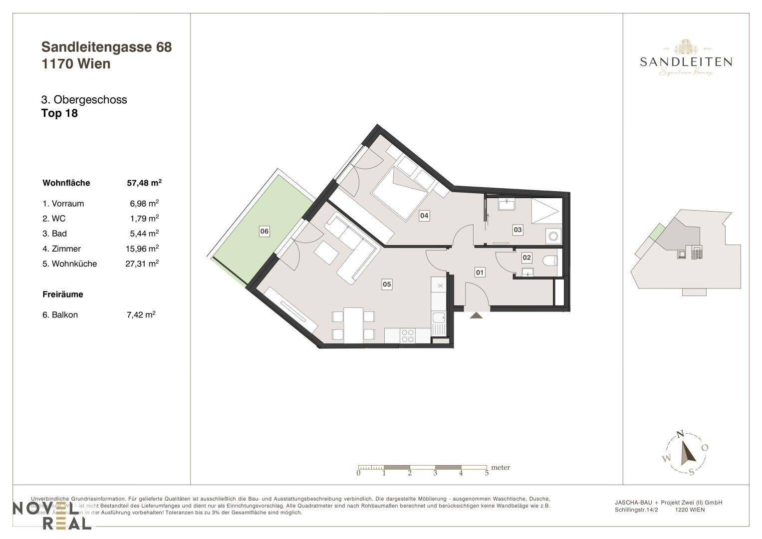 Grundriss einer Wohnung mit Wohnküche, zwei Schlafzimmern, Bad, WC und Balkon.