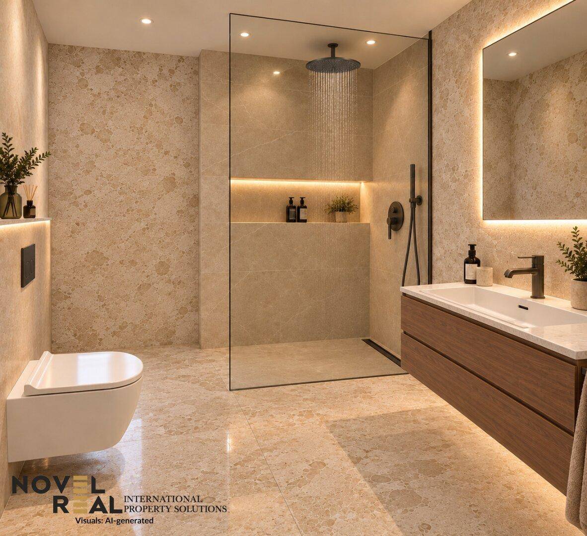 Modernes Badezimmer mit begehbarer Dusche, Wand-WC und eleganten Fliesen in hellen Farbtönen.