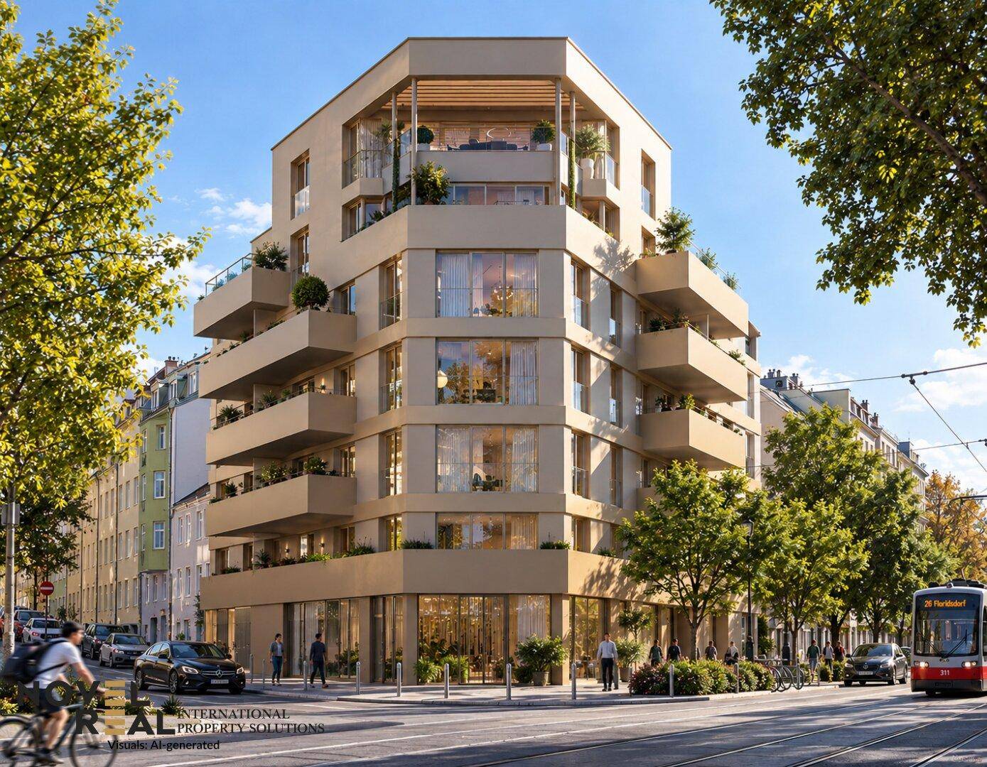 Moderne Eckwohnanlage mit mehreren Balkonen und großen Fenstern in einer belebten Stadtumgebung.