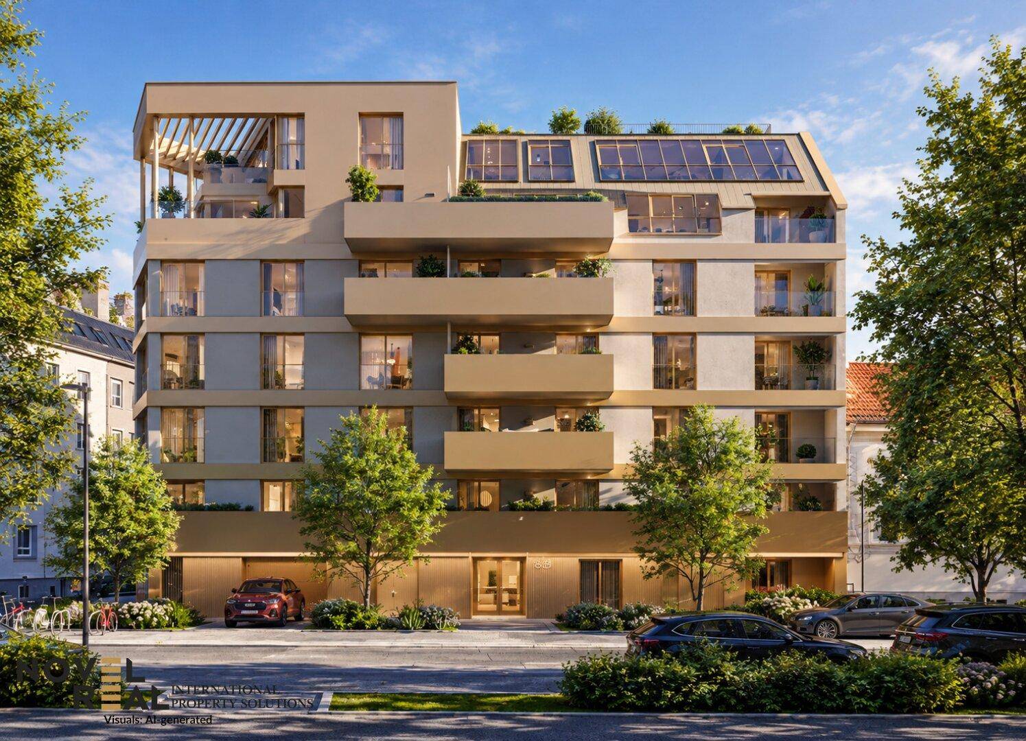Moderne Wohnanlage bei Tageslicht mit Balkonen, Dachterrasse und Photovoltaikanlage auf dem Dach.