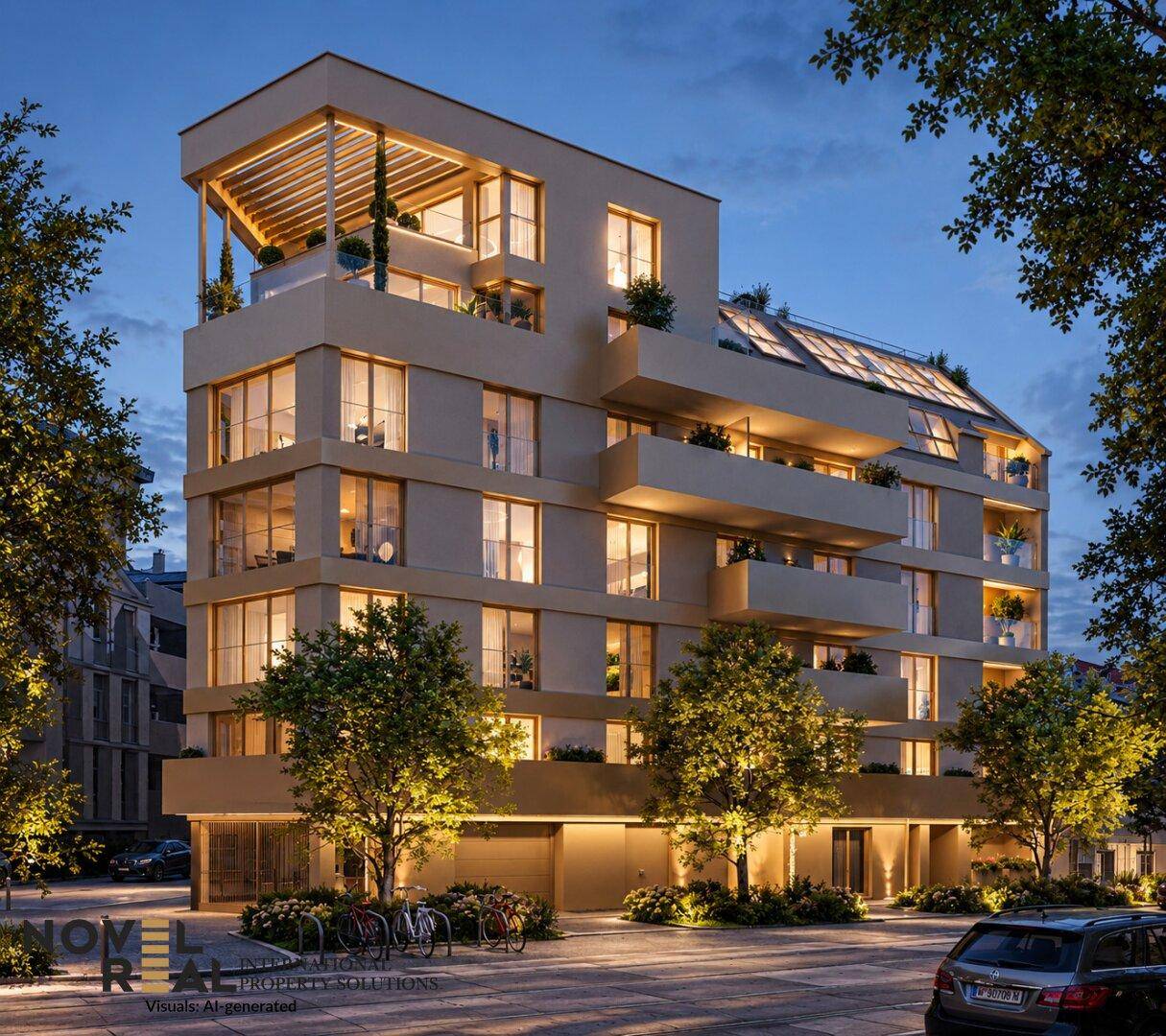 Beleuchtete Fassade des modernen Wohngebäudes bei Nacht mit vielen Fenstern und Balkonen.