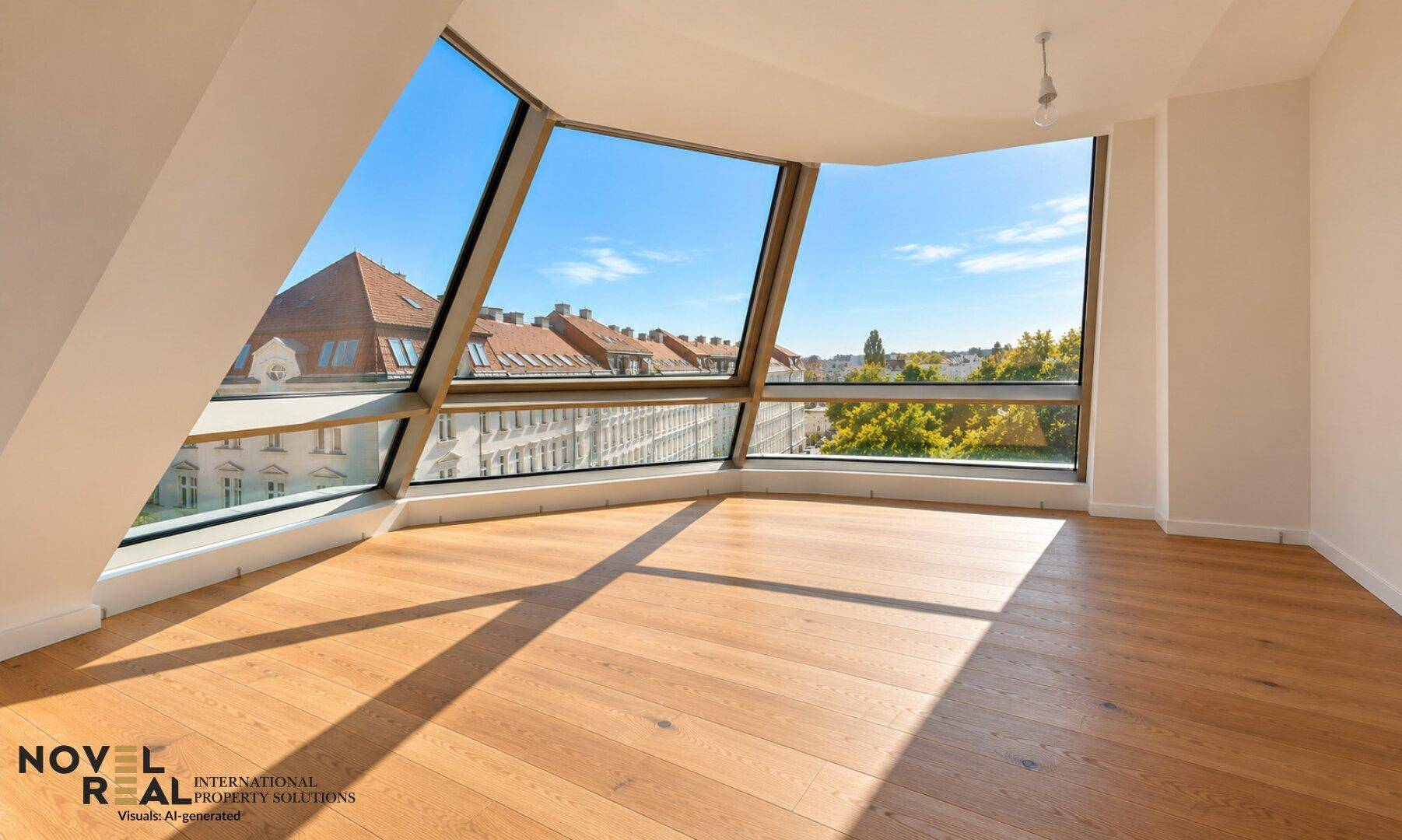 Heller Wohnraum mit schrägen Fensterfronten und Holzboden, bietet weite Stadtblicke.