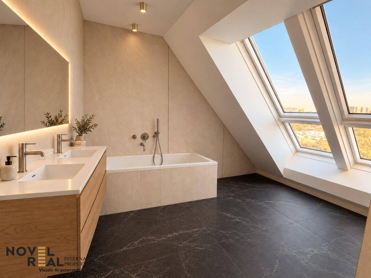 Modernes Badezimmer mit Doppelwaschbecken, Badewanne und großem Dachfenster, elegant gefliest.