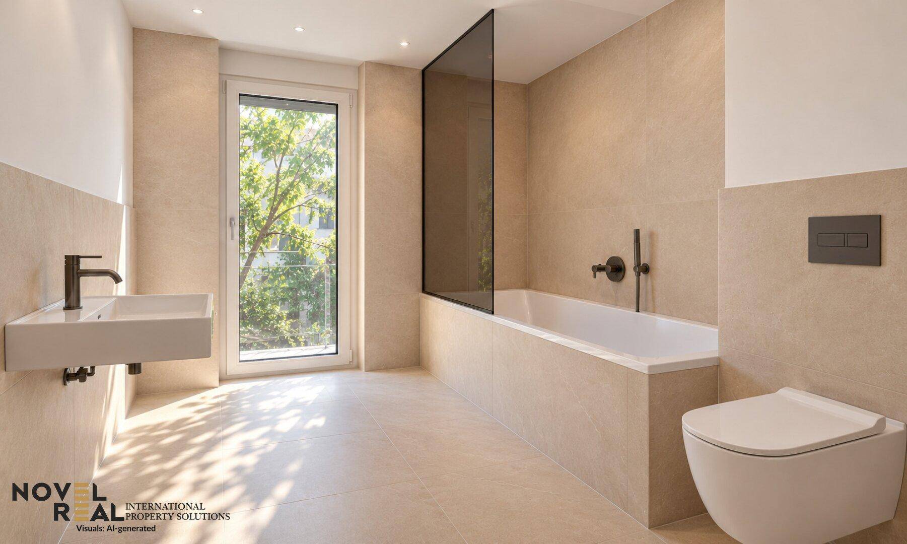 Helles Badezimmer mit Badewanne, Waschbecken und WC, mit Fenster und modernen Fliesen.
