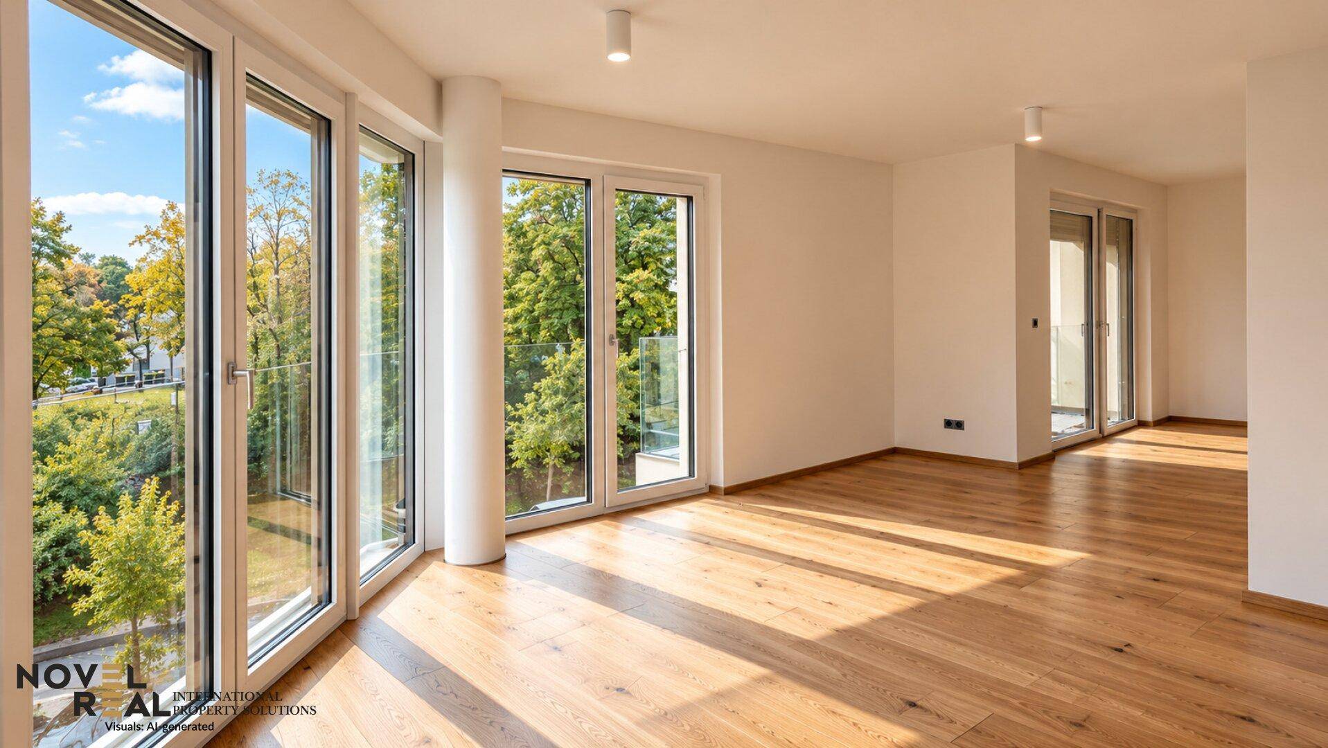 Lichtdurchfluteter Wohnraum mit großen Fenstern und Blick ins Grüne, ausgestattet mit Holzboden.