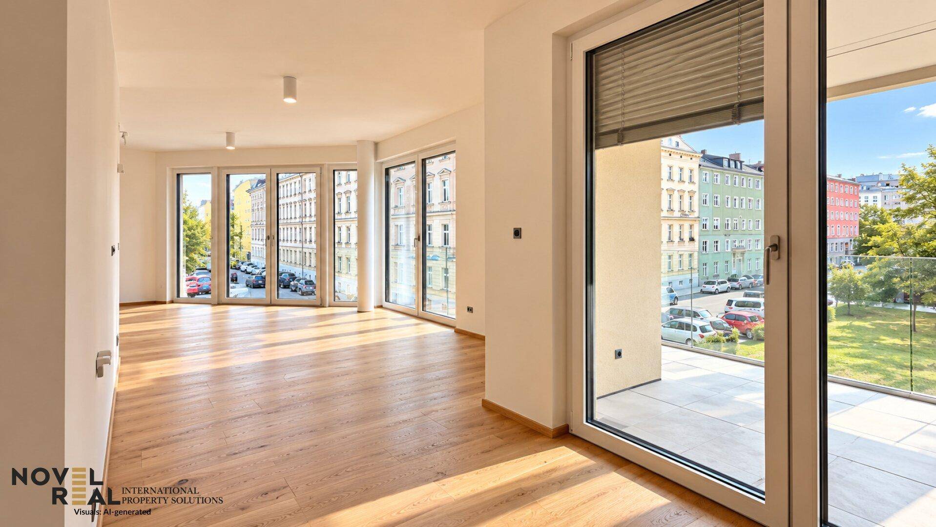 Geräumiger Wohnbereich mit bodentiefen Fenstern und Zugang zu einem Balkon, hell und modern.