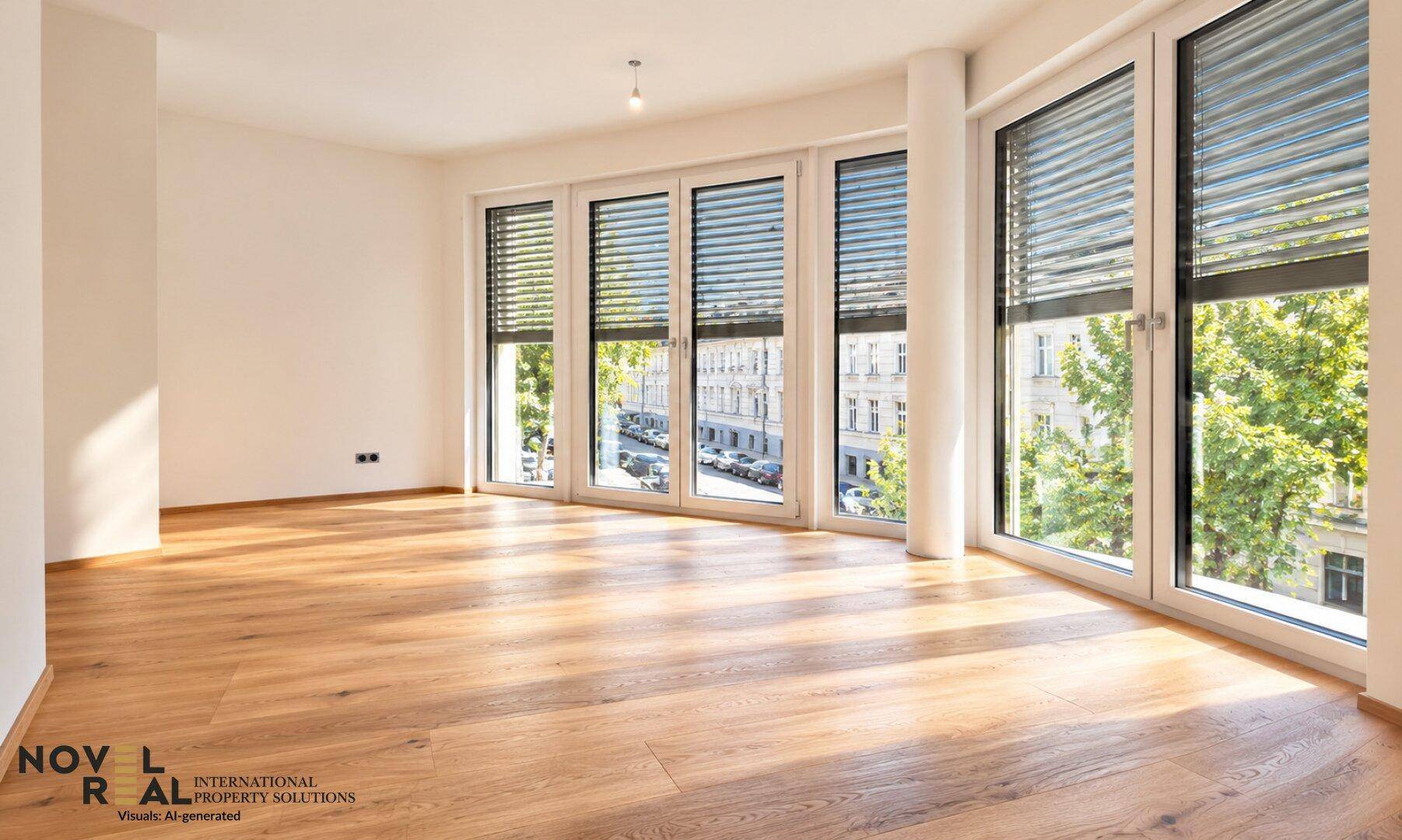 Geräumiger Raum mit vielen bodentiefen Fenstern und Holzboden, sehr hell und modern.