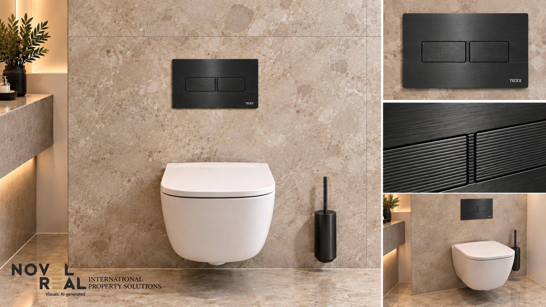 Modernes WC mit Wandtoilette und schwarzer Spültaste an gefliesten Wänden.