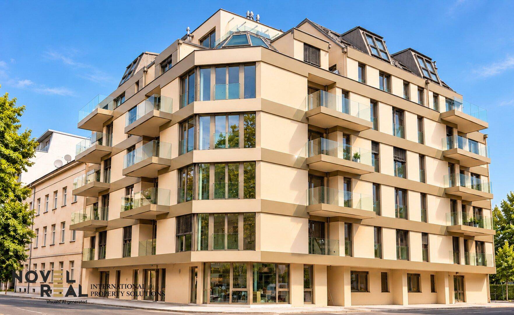 Modernes Eckgebäude mit vielen Glasflächen und Balkonen unter blauem Himmel.