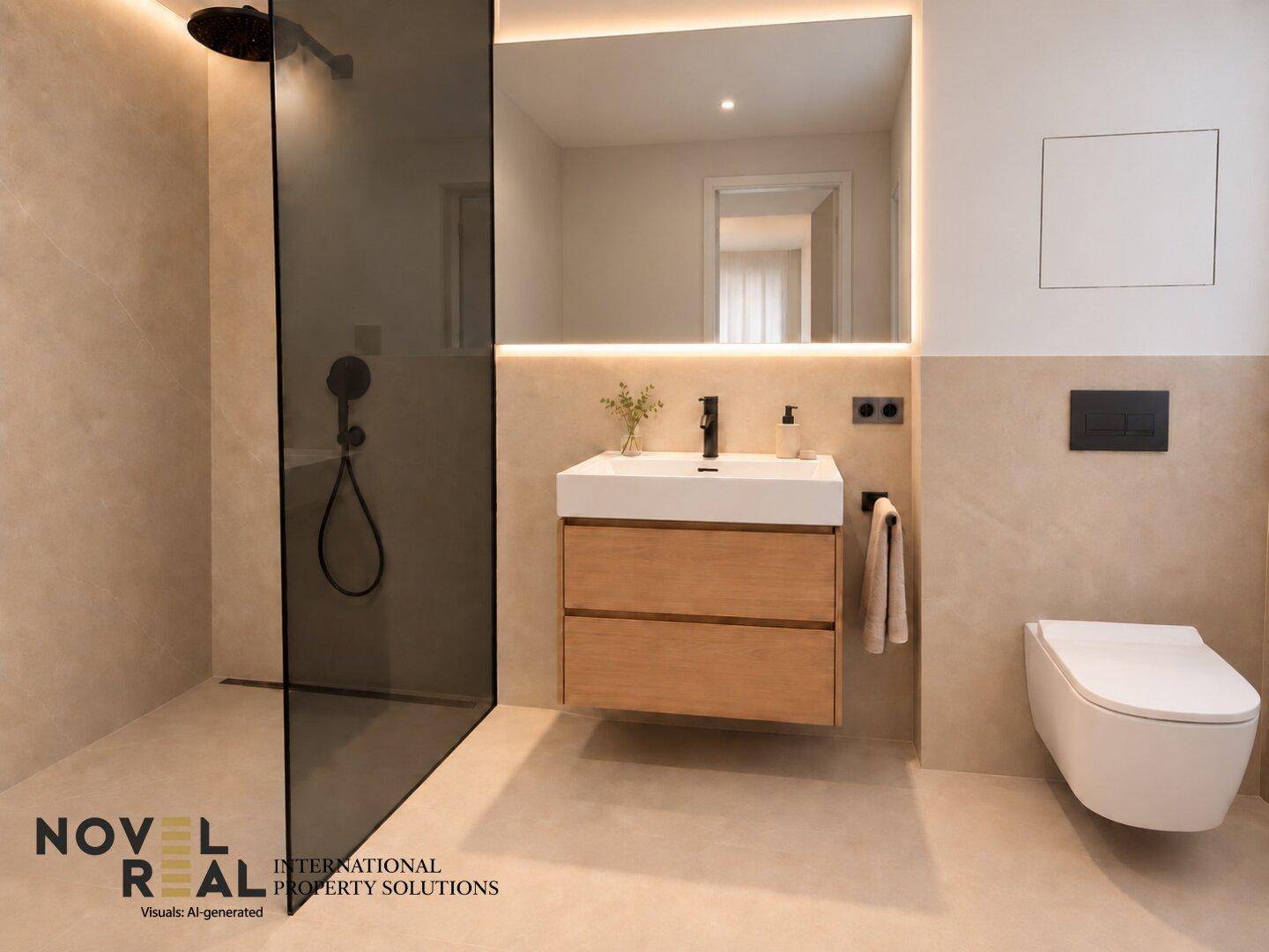 Modernes Badezimmer mit begehbarer Dusche, schwebendem Waschtisch und Wand-WC.