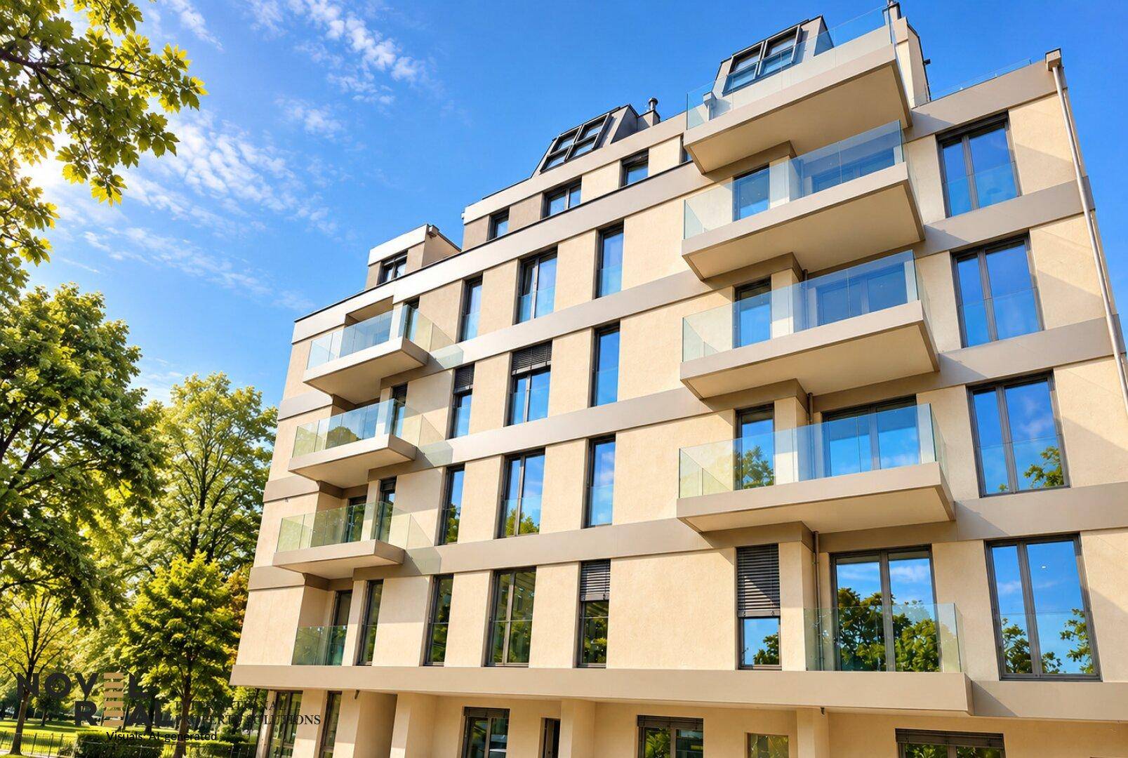 Moderne Wohnfassade mit zahlreichen Balkonen und großen Fenstern unter blauem Himmel.