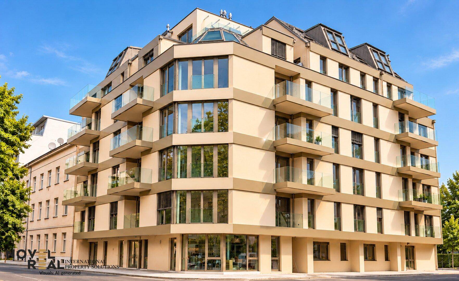 Ansicht eines modernen Mehrfamilienhauses mit zeitgenössischer Architektur und vielen Glasflächen.